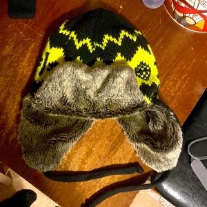 Men's Faux-Fur Lined Knit Trapper Hat - Black & Neon Yellow
